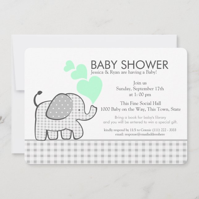 Invitación Elephant Neutral Mint y Gray Gingham Baby Shower (Anverso)