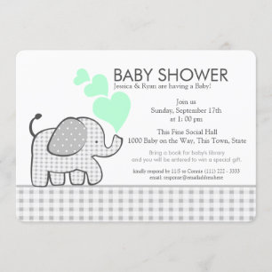 Invitación Elephant Neutral Mint y Gray Gingham Baby Shower