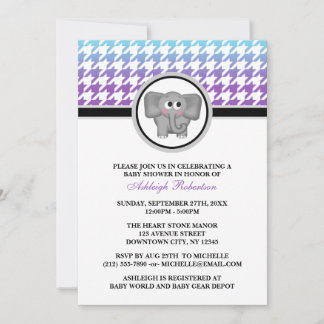 Invitación Elephant Ombre Aqua Purple Houndstoth Baby Shower
