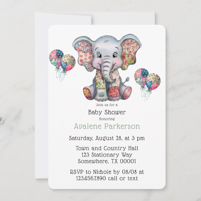 Invitación Elephant Patchwork Chica o Boy Baby Shower (Anverso)