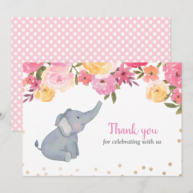 Invitación Elephant Pink Floral Baby Shower Gracias (Anverso / Reverso)