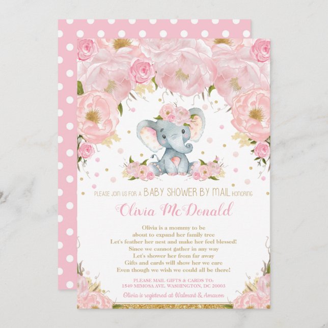 Invitación Elephant Pink Floral Baby Shower por Mail Chica (Anverso / Reverso)
