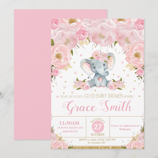Invitación Elephant Pink Floral Co-Ed Chica de Baby Shower (Anverso / Reverso)