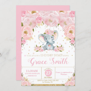 Invitación Elephant Pink Floral Co-Ed Chica de Baby Shower