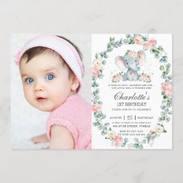 Invitación Elephant Pink Floral Greenery 1er cumpleaños Foto