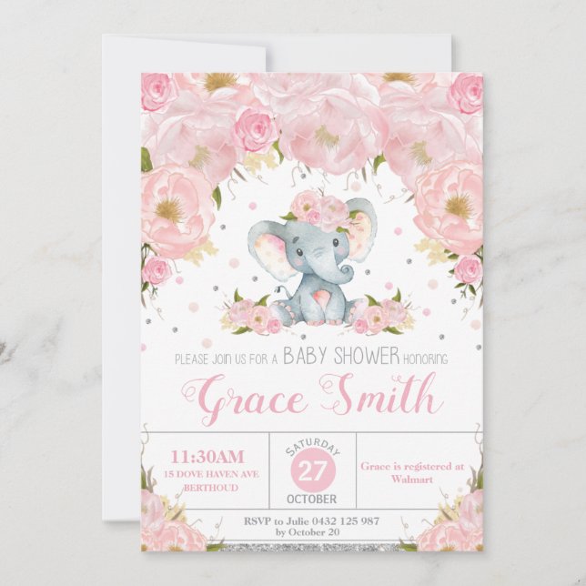Invitación Elephant Rubor Floral Baby Shower Silver Purpurina (Anverso)