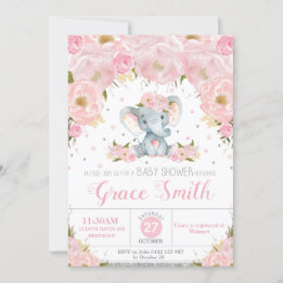 Invitación Elephant Rubor Floral Baby Shower Silver Purpurina