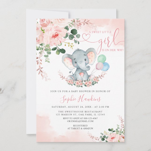Invitación Elephant Rubor Rosa Sweet Little Girl Baby Shower (Anverso)
