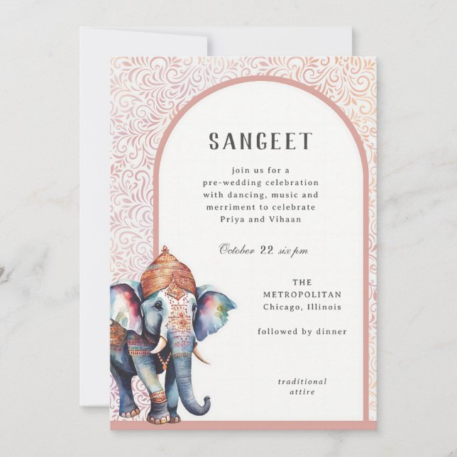 Invitación Elephant Sangeet, Boda indio acuarela (Anverso)