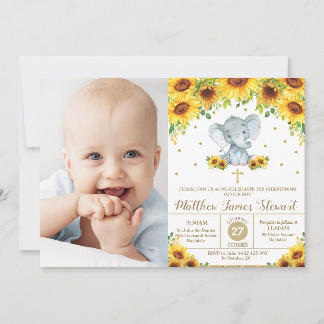 Invitación Elephant Sunflower Christening Baptism Boy Foto (Anverso)