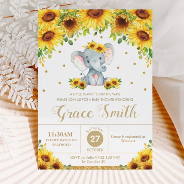 Invitación Elephant Sunflower Floral Baby Shower Chica (Subido por el creador)