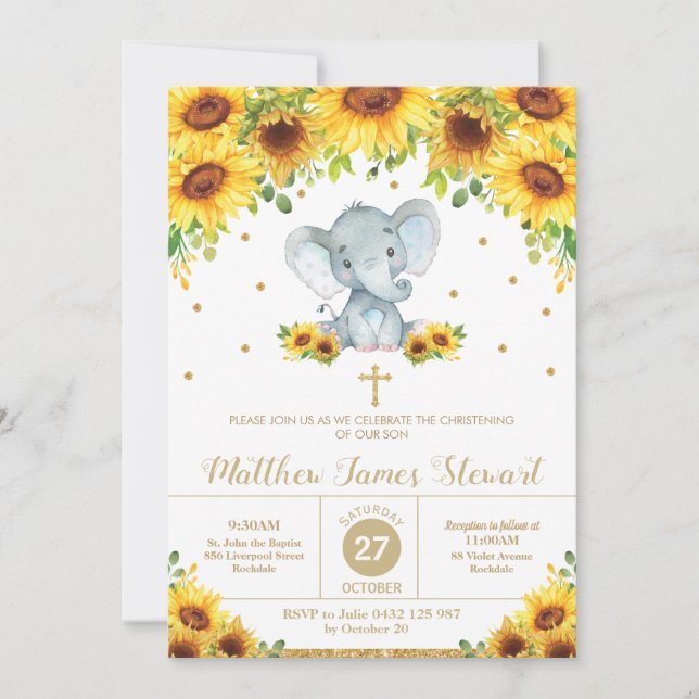 Invitación Elephant Sunflower Floral Christering Baptism Boy (Anverso)