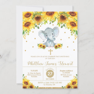Invitación Elephant Sunflower Floral Christering Baptism Boy