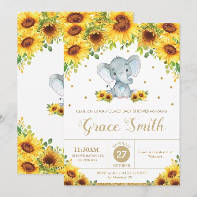 Invitación Elephant Sunflower Floral Co-Ed Baby Shower Boy (Anverso / Reverso)