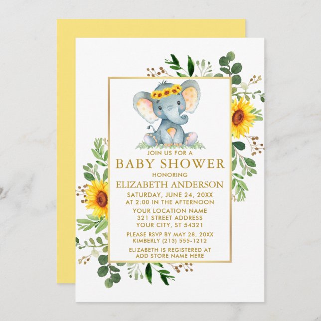 Invitación Elephant Sunflowers Greenery Baby Shower Gold (Anverso / Reverso)