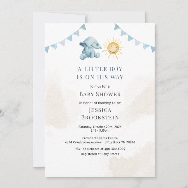 Invitación Elephant Sunshine Watercolor Baby Shower para niño (Anverso)