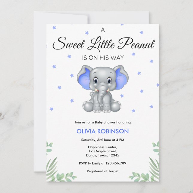 Invitación Elephant Sweet Little Peanut Boy Baby Shower (Anverso)