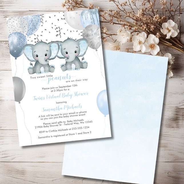 Invitación Elephant Twin Boys Balloon Virtual Baby Shower (Elephant Twin Boys Balloon Virtual Baby Shower Invitation)