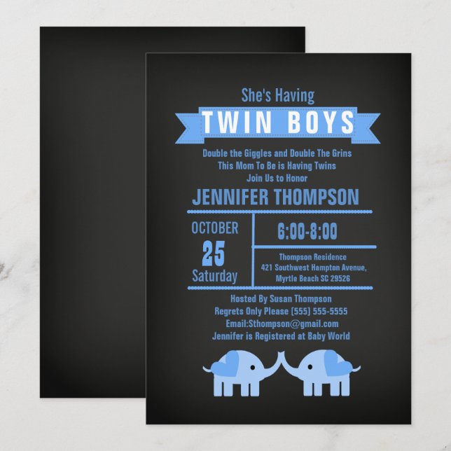 Invitación Elephant Twin Boys Chalkboard Baby Shower (Anverso / Reverso)