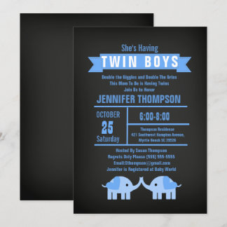 Invitación Elephant Twin Boys Chalkboard Baby Shower