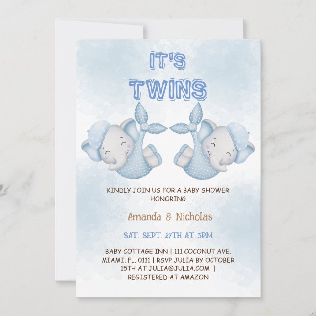 Invitación Elephant Twin Boys Dusty Blue Baby Shower (Anverso)