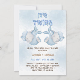 Invitación Elephant Twin Boys Dusty Blue Baby Shower