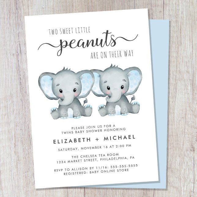 Invitación Elephant Twin Boys Parejas Baby Shower (Cute twin boys couples baby shower invitation)