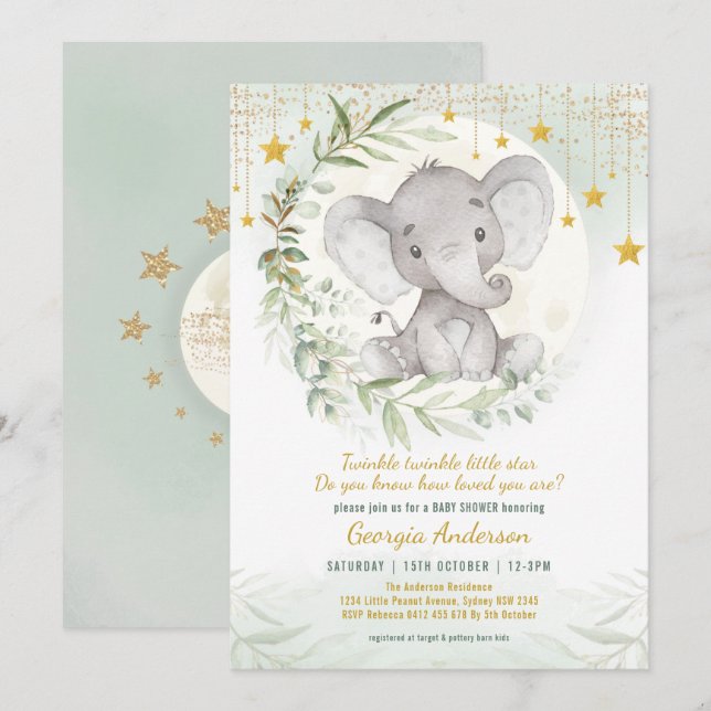 Invitación Elephant Twinkle Little Star Greeneration Baby Sho (Anverso / Reverso)
