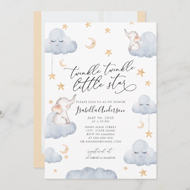 Invitación Elephant Twinkle Little Star Yellow Baby Shower (Anverso / Reverso)