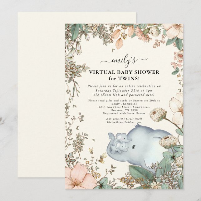 Invitación Elephant Twins Florals Cream Virtual Baby Shower (Anverso / Reverso)