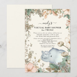 Invitación Elephant Twins Florals Cream Virtual Baby Shower