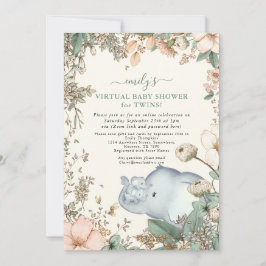 Invitación Elephant Twins Florals Sage Virtual Baby Shower