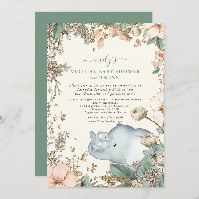 Invitación Elephant Twins Florals Sage Virtual Baby Shower (Anverso / Reverso)