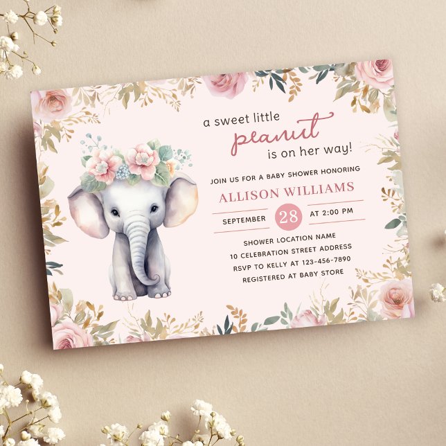 Invitación Elephant Watercolor Floral Chica Baby Shower (Subido por el creador)