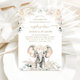 Invitación Elephant White Roses Boho Pampas Baby Shower