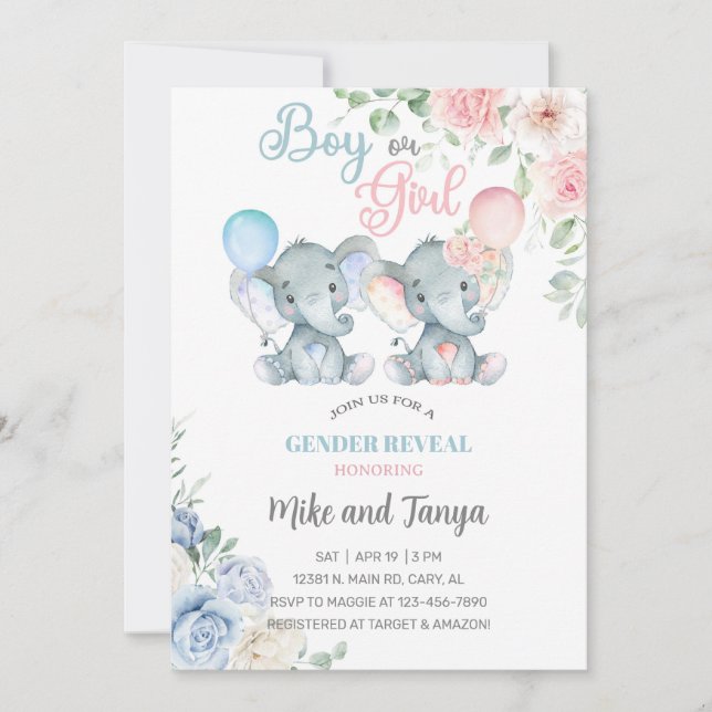 Invitación Elephants gender reveal invite, pink blue flowers. (Anverso)