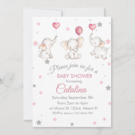 Invitación Elephants with Baloons Girl Baby Shower Invitation
