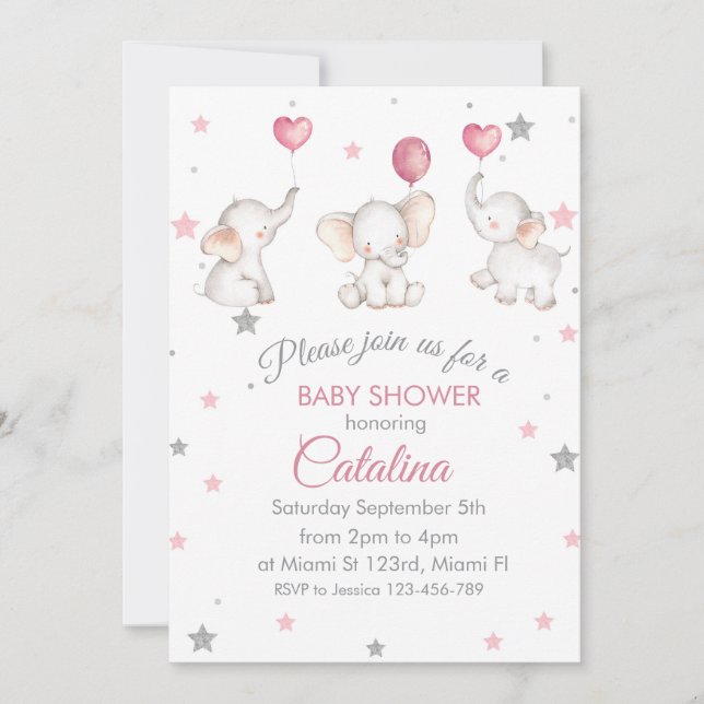 Invitación Elephants with Baloons Girl Baby Shower Invitation (Anverso)