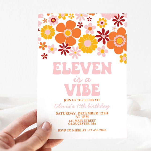 Invitación ELEVEN de flor retro es un cumpleaños 11 de la vib (Subido por el creador)