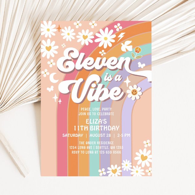 Invitación Eleven es un Cumpleaños Groovy Daisy Rainbow Vibe (Subido por el creador)