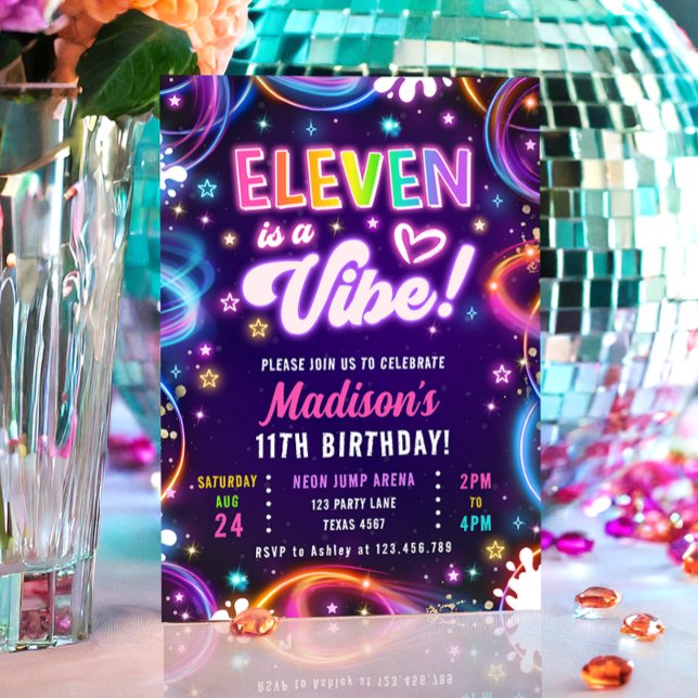 Invitación Eleven es un Vibe 11 Retro Neon Glow Chica Cumplea (Subido por el creador)