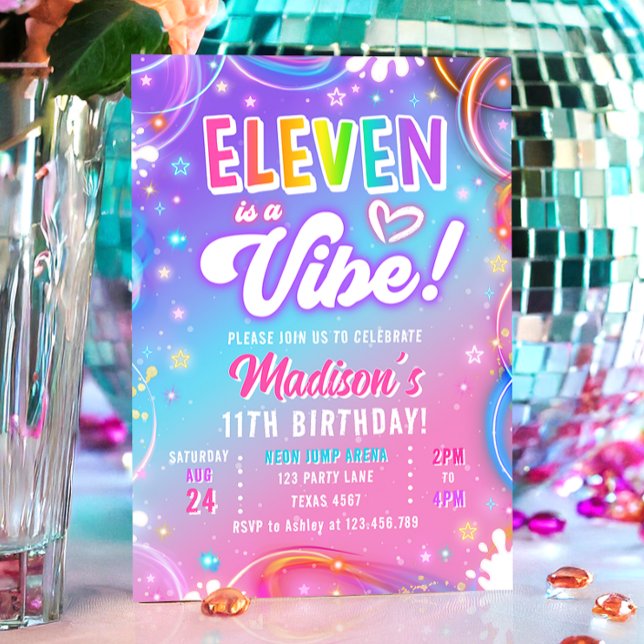 Invitación Eleven is a Vibe Retro Groovy Neon Girl Birthday (Subido por el creador)