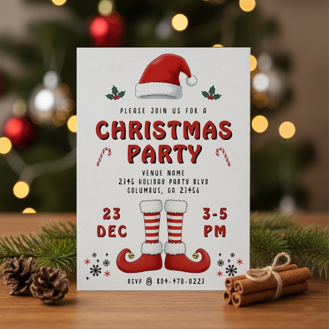 Invitación Elf Boots Gorra de Santa Claus Fiesta de Navidades (Elf Boots Santa Claus Hat White Christmas Party Invitation
)