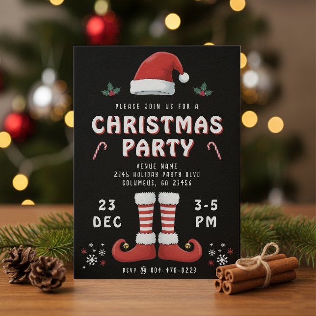 Invitación Elf Boots Gorra de Santa Claus Fiesta de Navidades (Elf Boots Santa Claus Hat Black Christmas Party Invitation
)