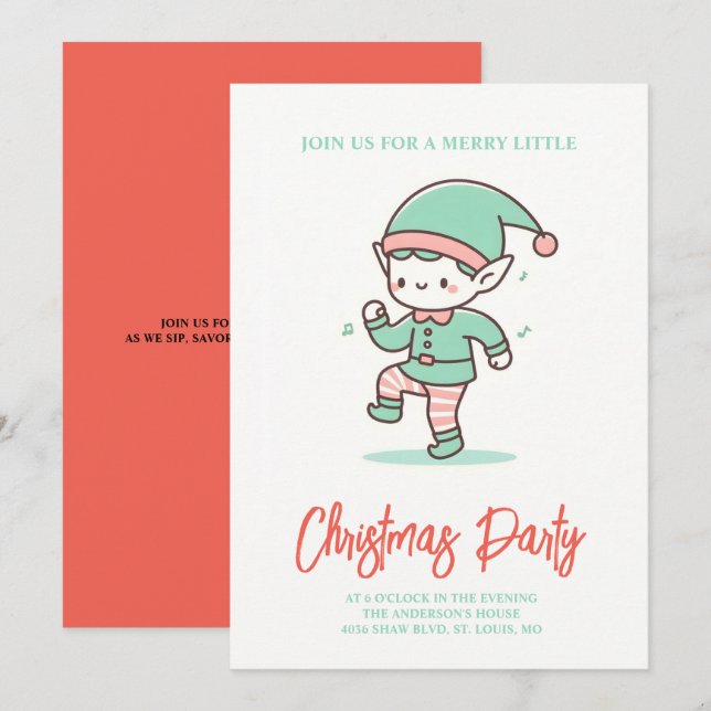 Invitación elfo adorable bailando en Navidades (Anverso / Reverso)