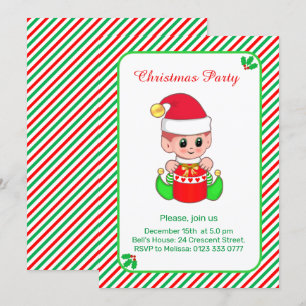 Invitación Elfo Adorable en Fiesta de Navidad con Verde y Ray
