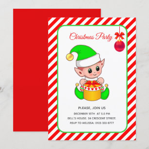 Invitación Elfo Adorable en Navidad Roja y Blanca