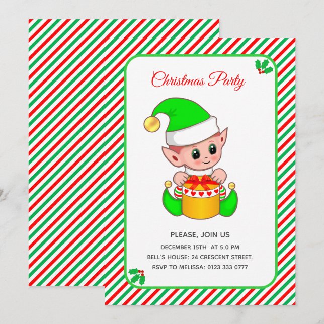 Invitación Elfo de Navidad Elegante Fiesta de Navidad (Anverso / Reverso)