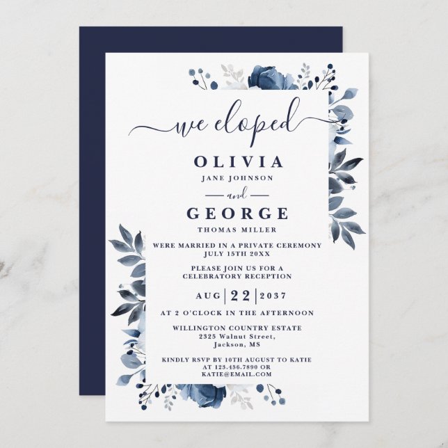 Invitación Eligimos el Elopement Blue Botanical Floral Boda E (Anverso / Reverso)