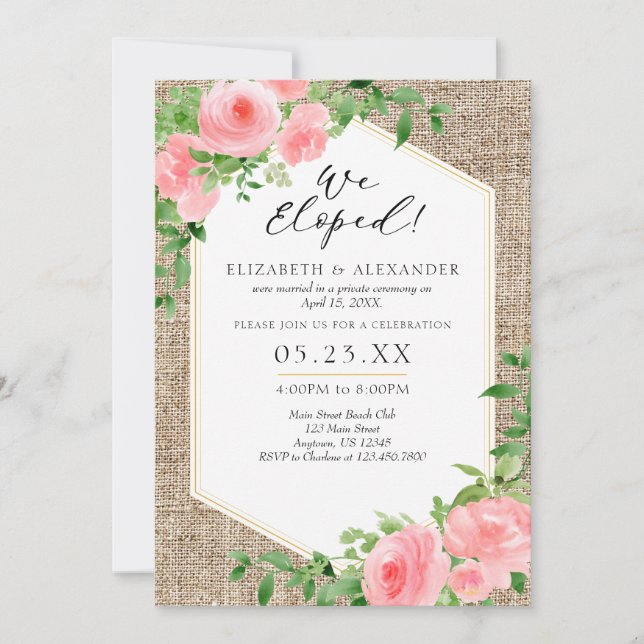 Invitación Eligimos El Elopement Boda Floral Rosa Burlap (Anverso)